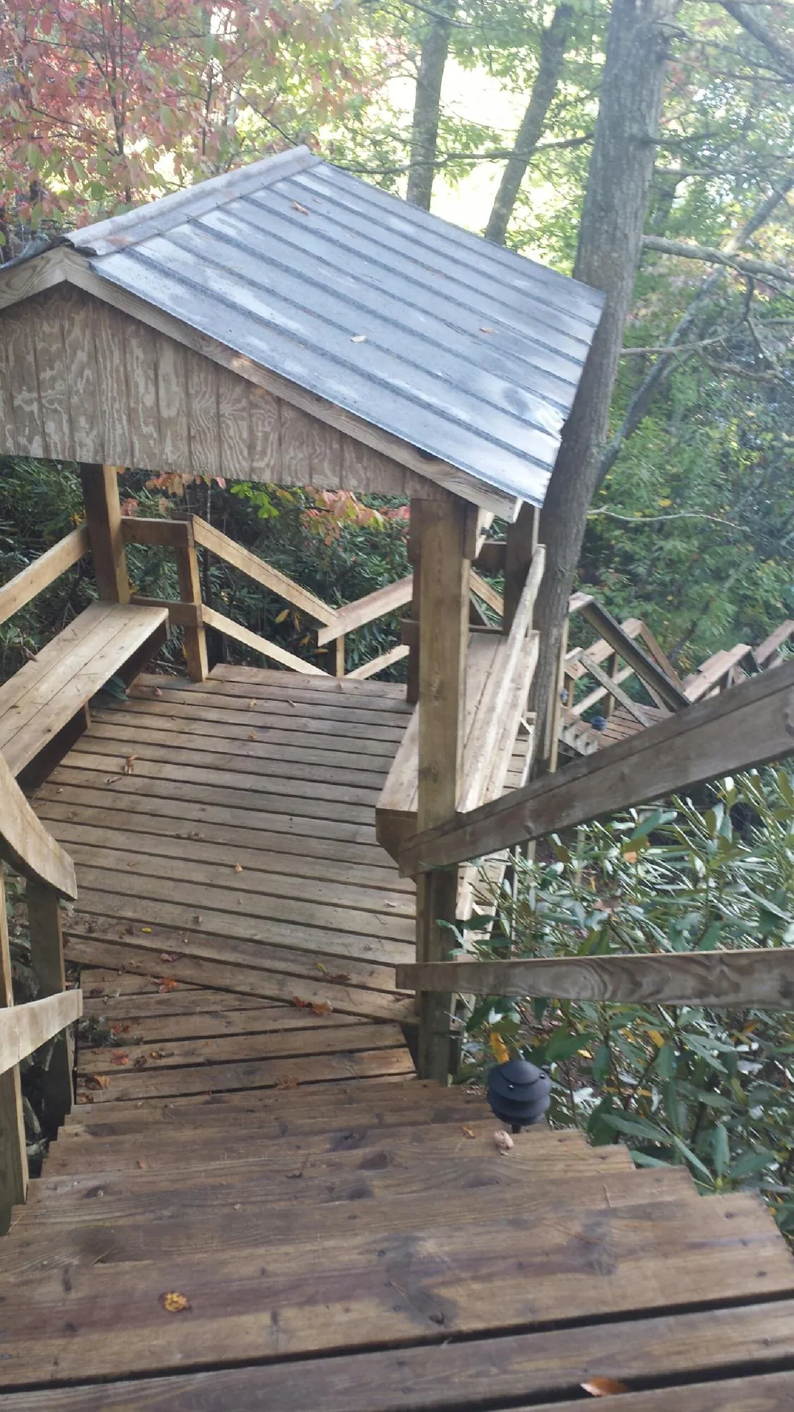 Metal roofed shelter over wooden steps on a wooded walkway — Skylight Repair & Installation work by our crew in Braman